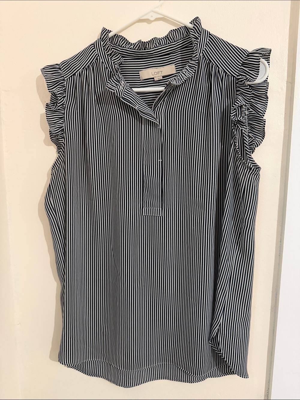 LOFT Black & White Vertical Stripe Ruffle Sleeve Tank